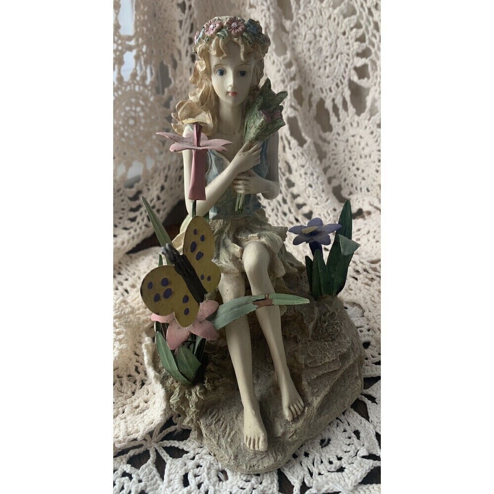 Fairy Wood Nymph Cottage Core Figurine Statute Metal Flowers & Butterfly Whimsy